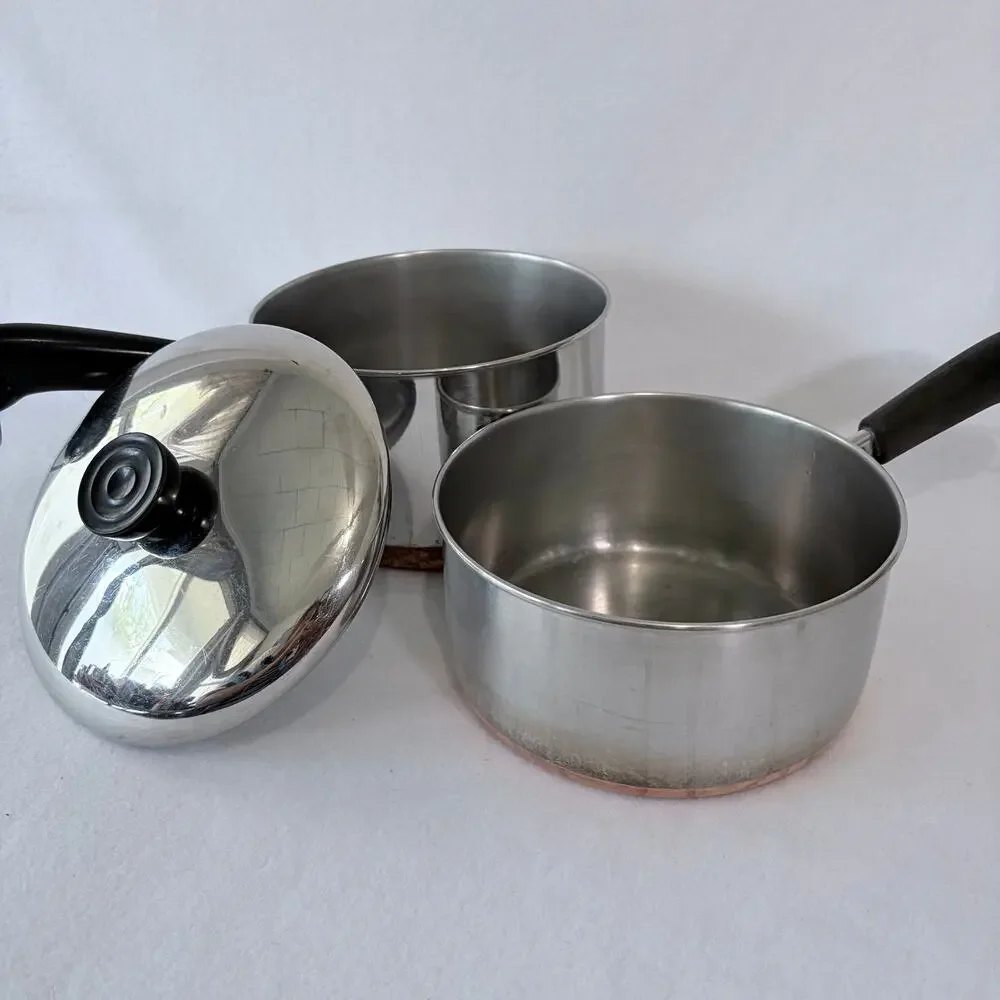 Revere Ware Lot of 2 Pots 2Q 3Q Saucepans with Lid Copper Bottom Dented